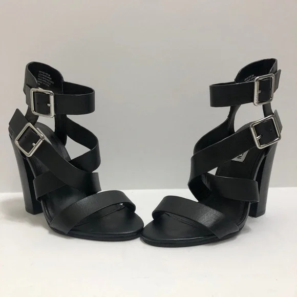 Steve Madden Double Buckle Black Leather Block Heel Size 5 M - Picture 2 of 10